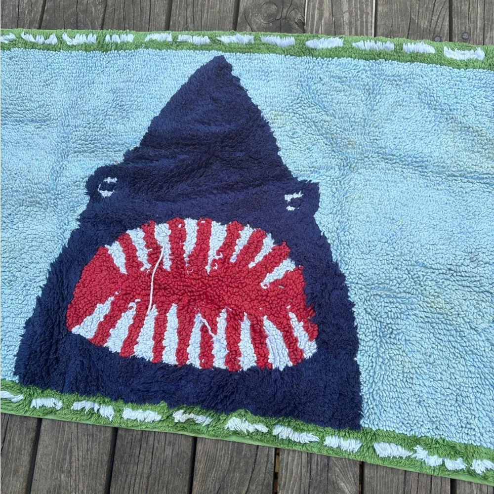 Pottery Barn Kids Tufted Hooked Plush Bath Mat Shark Mouth Ocean Beach rug decor